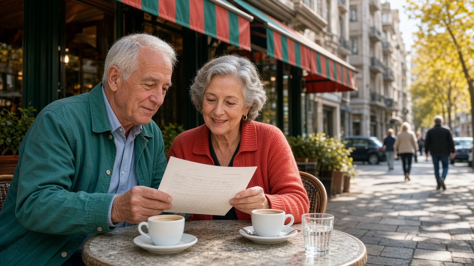 An older couple reads a checklist together at a sidewalk cafe table