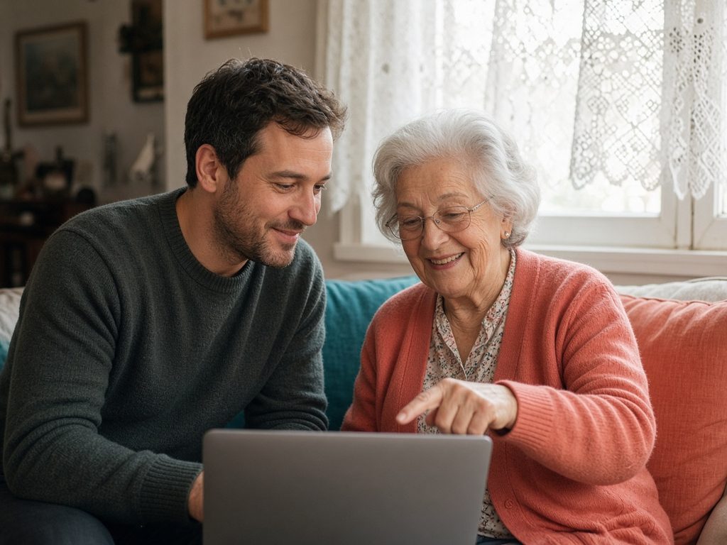 A grandmother points at a laptop while her grandson sits beside her on a sofa