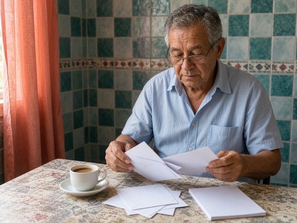 A man with reading glasses sorts envelopes at a tiled kitchen table with coffee