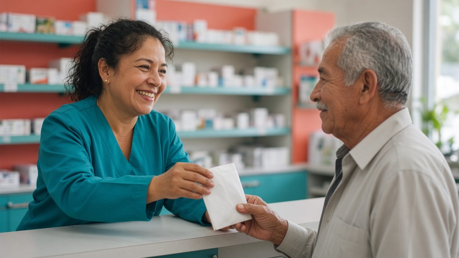 A pharmacist in a teal smock hands a white bag to an older man at the counter