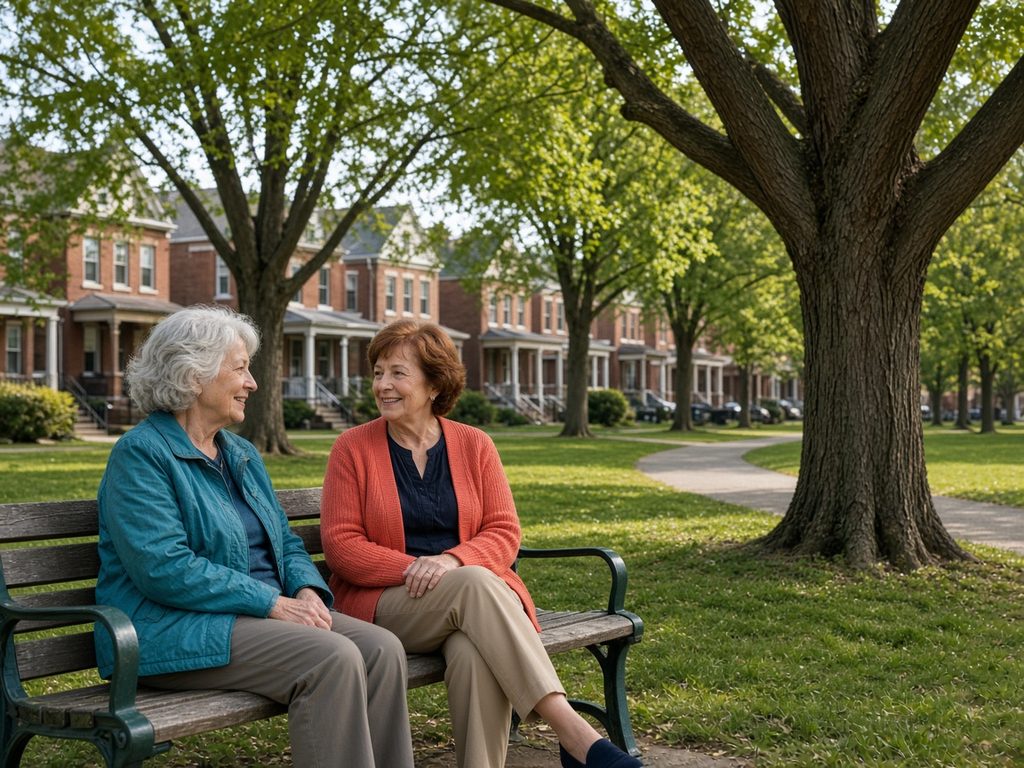 Two older women chat on a park bench under tall shade trees