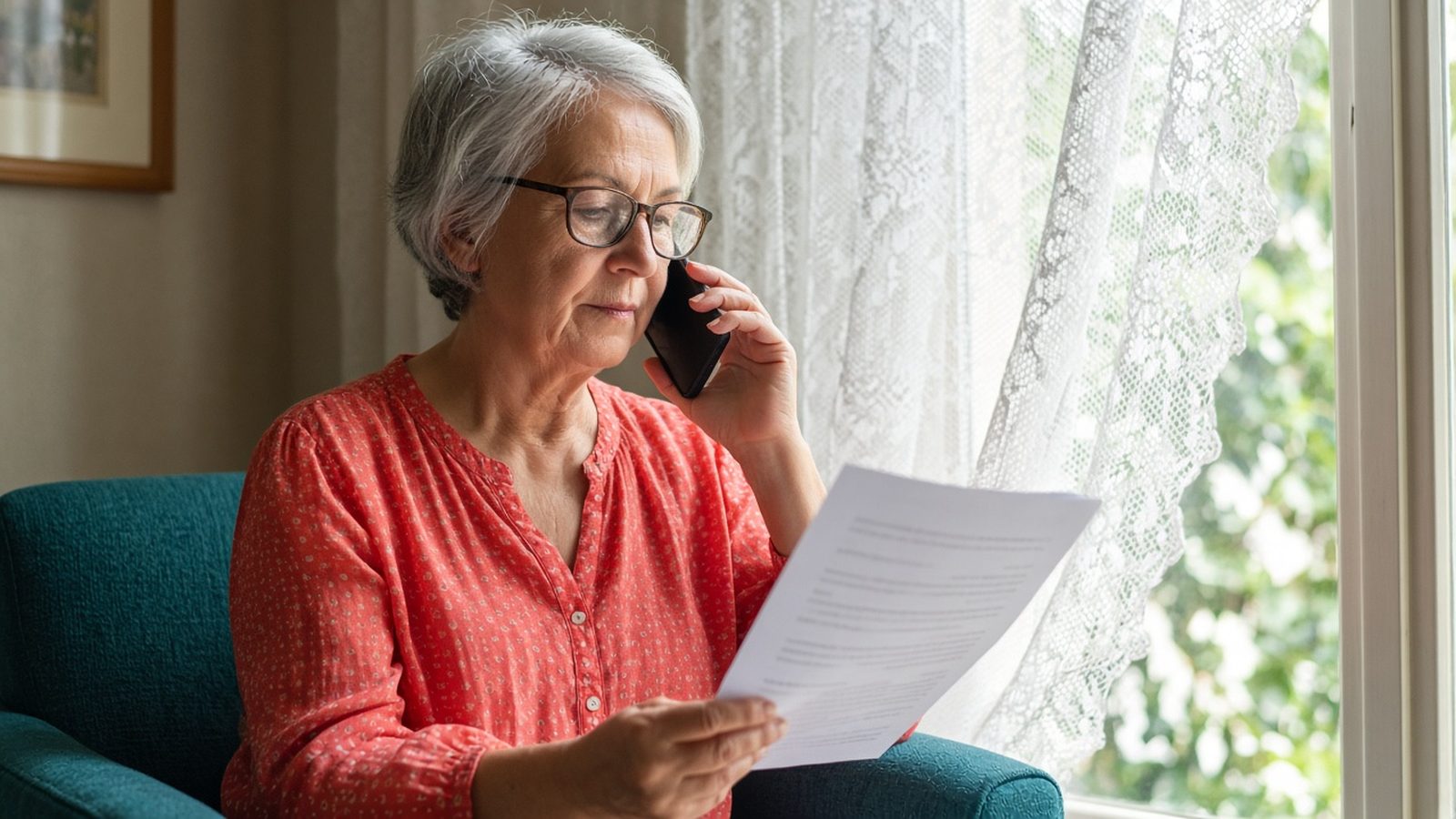A woman in a coral blouse reads a statement while on the phone by a lace curtain